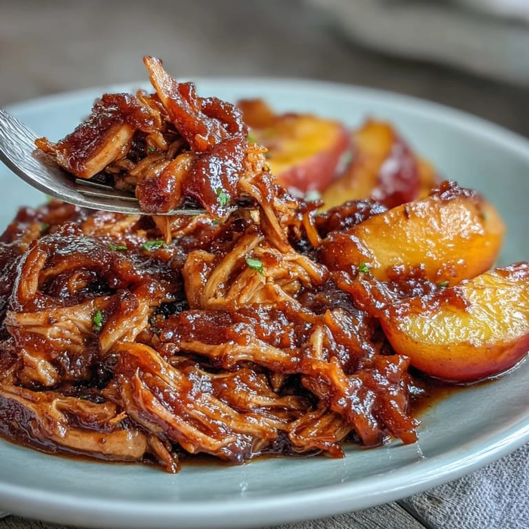 Slow cooker honey peach BBQ pulled pork, tender and sweet, perfect for summer sandwiches.