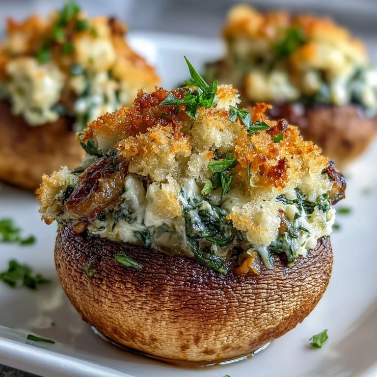 Plump mushroom caps filled with a rich blend of spinach, ricotta, and fresh herbs, baked until golden and irresistible.