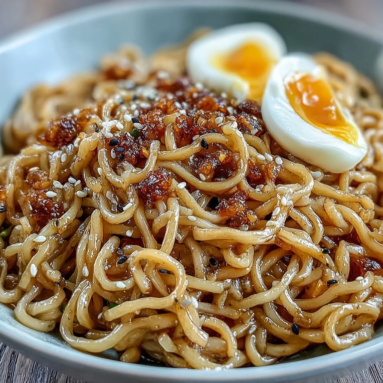 Creamy garlic butter ramen with tender noodles glistening in a sweet and savory sauce, garnished with fresh green onions and a perfectly cooked soft-boiled egg.