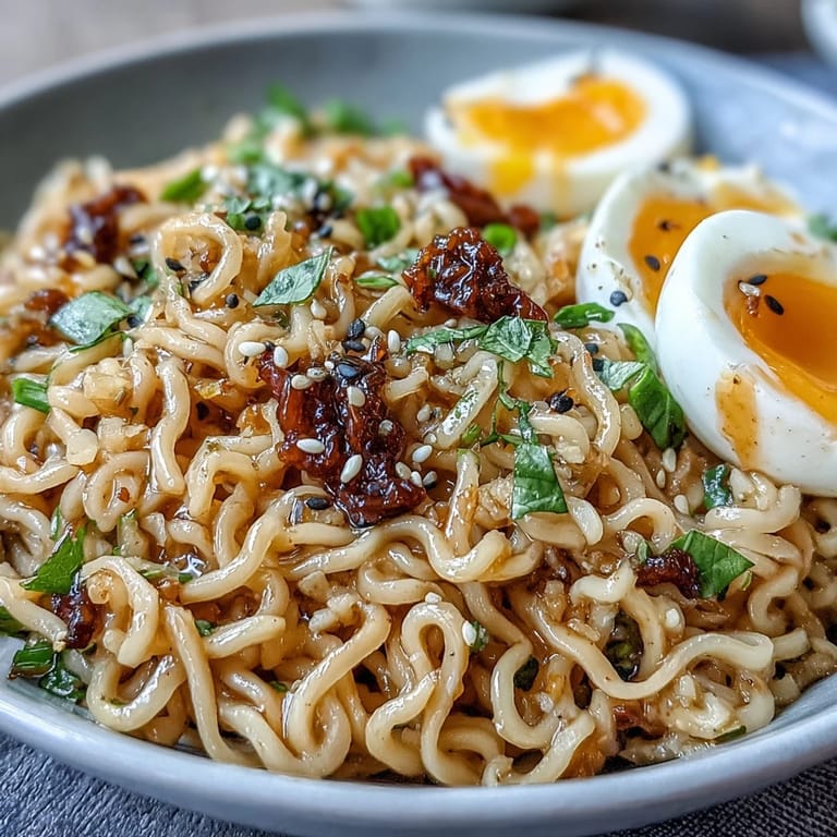 Savory garlic butter ramen served in a white bowl, featuring chewy noodles coated in a glossy soy and brown sugar sauce, finished with sesame seeds and green onions.