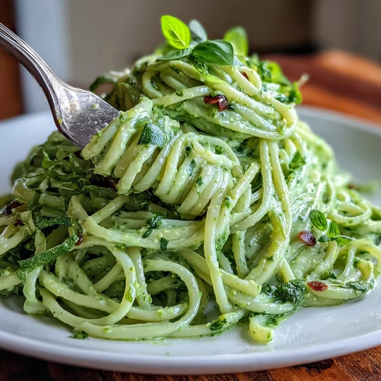 Hearty yet fresh avocado pesto pasta featuring bright basil and creamy avocado sauce.