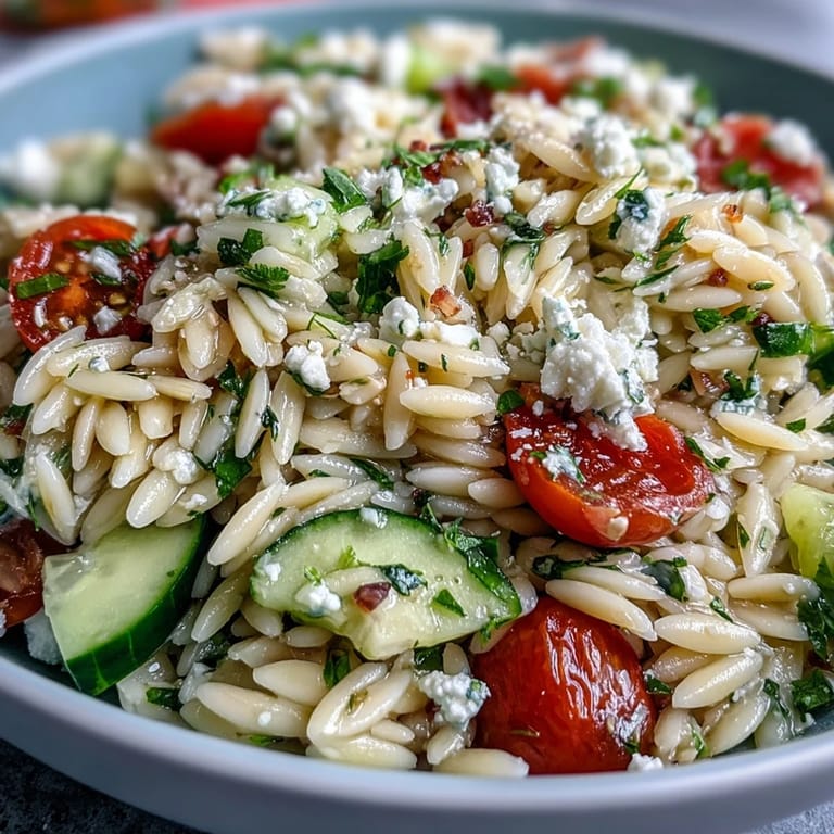 Fresh Orzo Salad dish bursting with crisp cucumber, creamy feta, perfect for lunch.