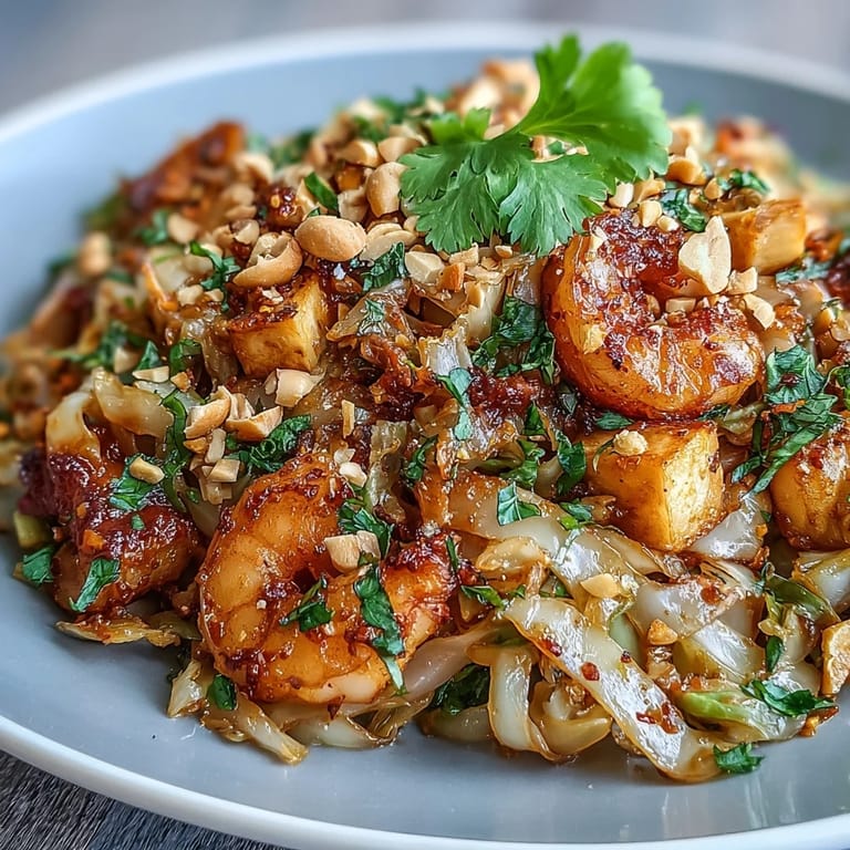 Vibrant Cabbage Pad Thai stir-fry with scrambled eggs, chicken, and a savory-sweet sauce, garnished with cilantro and peanuts.  