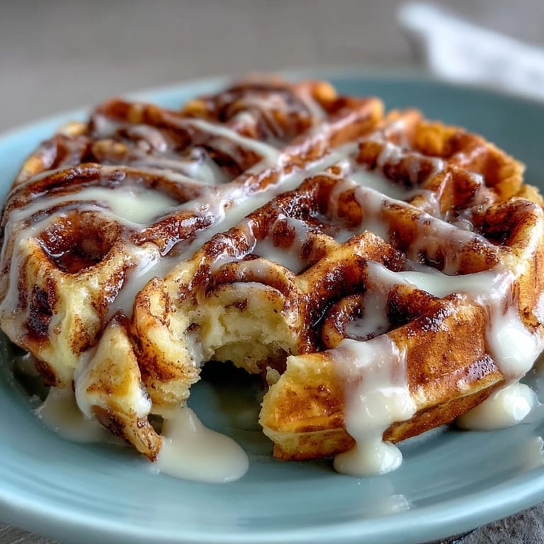 Golden waffles drizzled with cinnamon-sugar mixture, cooked to crispy perfection and finished with a smooth, creamy vanilla glaze.