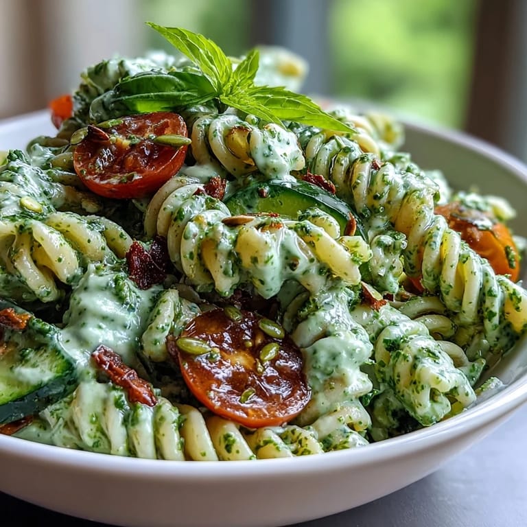 Creamy Green Goddess Pasta Salad featuring al dente pasta, cherry tomatoes, cucumbers, and a rich avocado-herb dressing.