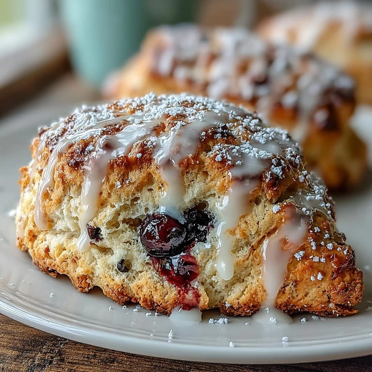 Delicious Lemon Blueberry Scones drizzled with tangy lemon icing, golden brown and studded with fresh blueberries, ready to serve.