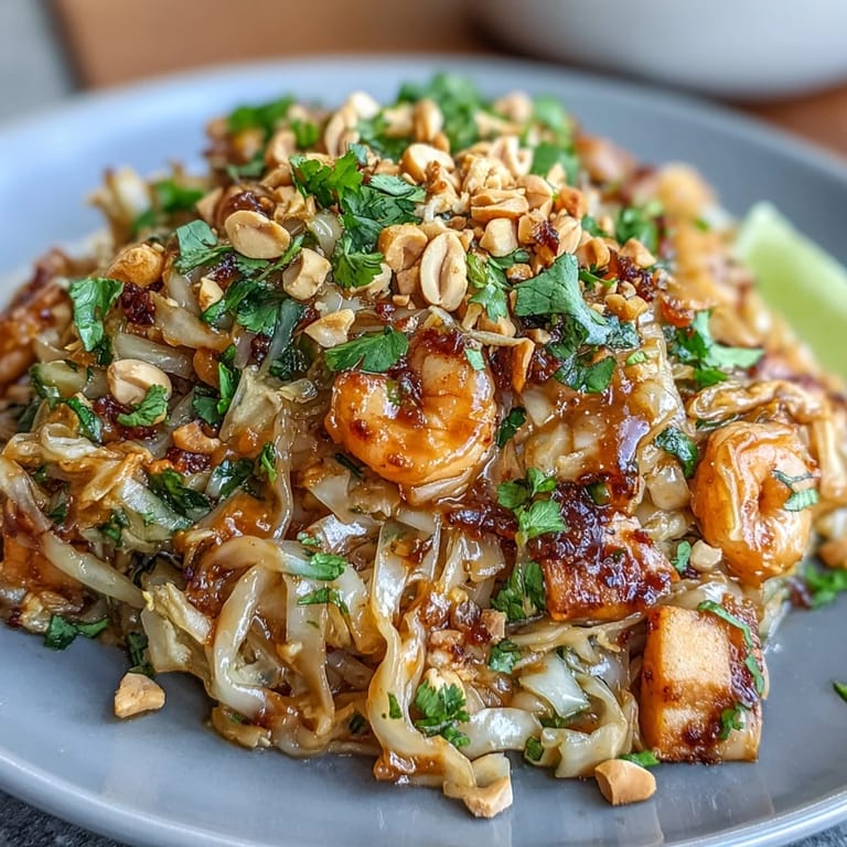 Crunchy Cabbage Pad Thai served with fresh lime wedges, roasted peanuts, and tender protein for a satisfying Thai-inspired dish.