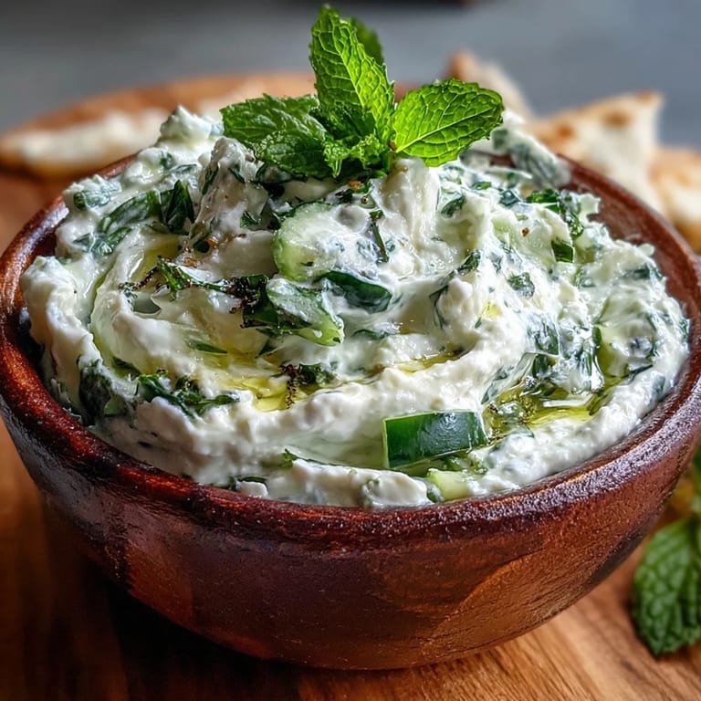 Vibrant, cool Greek Skyr Tzatziki brightened by garlic, ready for dipping.
