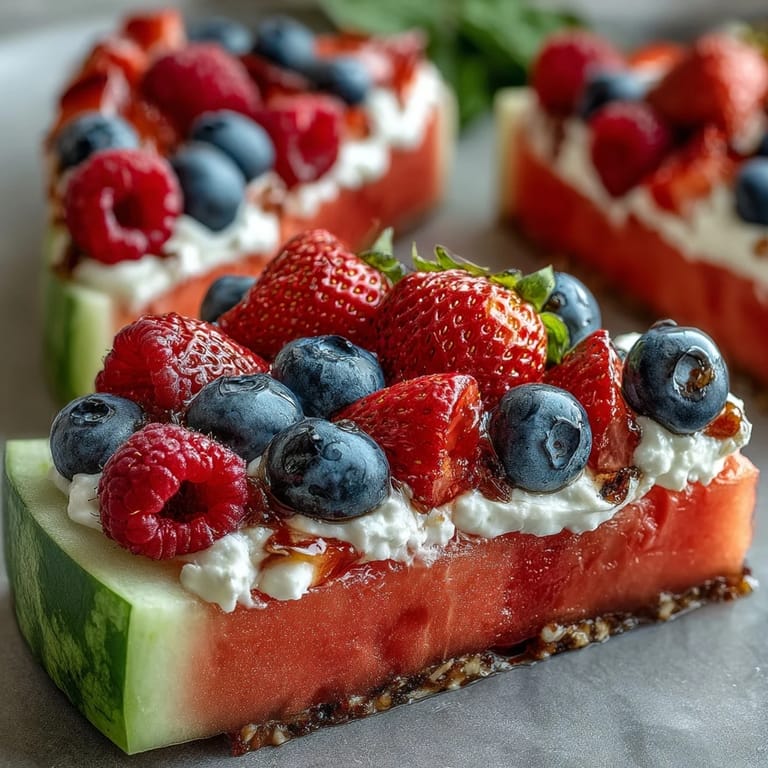 Refreshing watermelon pizza with colorful berries, a creamy dessert for summer.