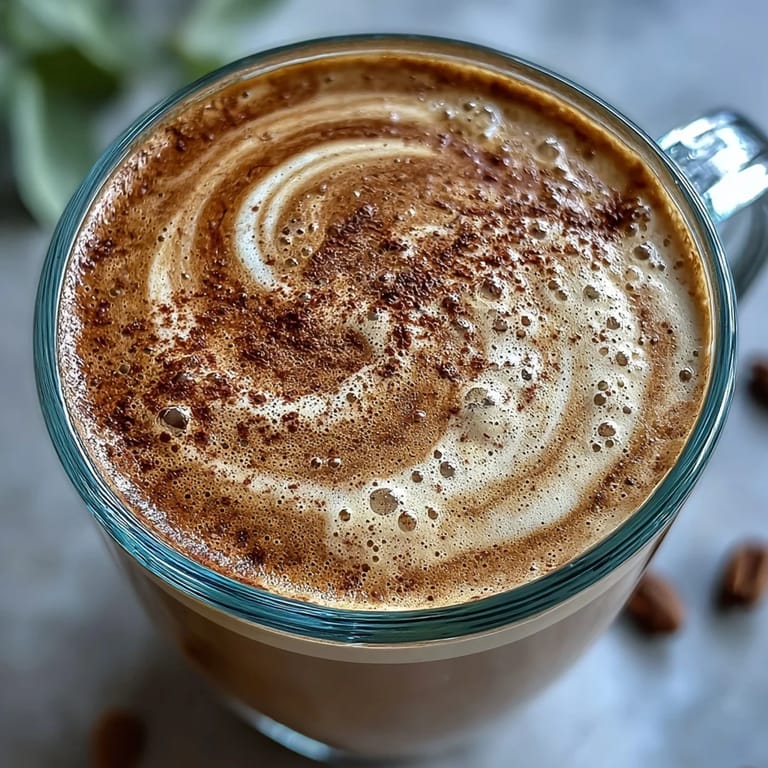 Creamy ashwagandha reishi adaptogens latte, warm and comforting, topped with cinnamon.