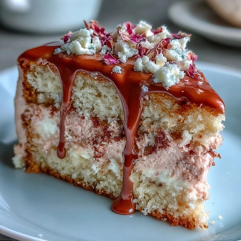 Blush pink rosé velvet cake adorned with a luxurious, shimmering gold drip.