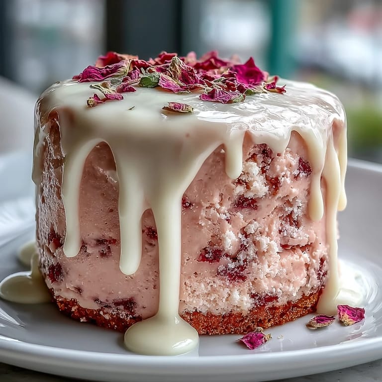 Decadent rosé velvet cake, elegantly finished with a flowing, edible gold drip.