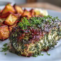 A golden herb-crusted chicken breast sits atop roasted carrots, parsnips, and sweet potatoes for a vibrant sheet pan dinner.