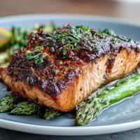 Golden-brown crispy skin salmon served with bright lemon garlic asparagus in a modern keto-friendly dinner presentation.