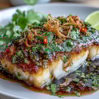 Crispy pan-seared fish fillets glazed with tangy chilli-lime sauce and topped with fresh cilantro and crunchy shallots.  