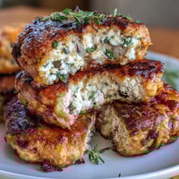 Juicy Mediterranean chicken patties packed with feta, herbs, and olives, sizzling golden in a skillet for a quick and flavorful dinner.