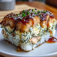 1. Creamy salmon sushi bake casserole with imitation crab and spicy Sriracha mayo, topped with furikake and green onions.  