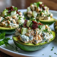 Creamy avocado halves stuffed with zesty chickpea tuna salad, a fresh vegan lunch bursting with flavor and crunch.  