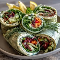 Colorful spring vegetable and hummus wraps with spinach tortillas, filled with fresh carrots, cucumber, and radishes for a healthy vegetarian meal.