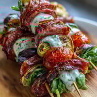 Picnic-ready Italian sub skewers with homemade aioli, layered with salami, ham, and fresh vegetables for easy serving.