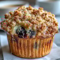Lemon blueberry sourdough crumb muffins with golden crumb topping and fresh blueberries, perfect for breakfast or brunch.