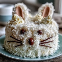 Adorable Easter Bunny Cake with coconut frosting, shaped like a bunny face and decorated with jelly beans and marshmallows.