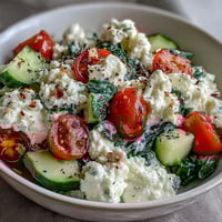 Savory cottage cheese breakfast bowl with fresh veggies, herbs, and a drizzle of olive oil.  