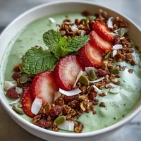 Vibrant strawberry matcha latte smoothie bowl topped with fresh strawberries, crunchy granola, and coconut flakes for a nourishing breakfast treat.