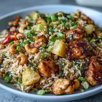 Vibrant Hawaiian Pineapple Chicken Fried Rice with juicy pineapple chunks, tender chicken, and colorful vegetables in a savory-sweet sauce.