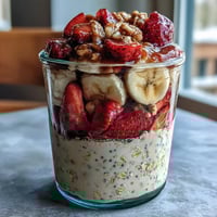 Creamy overnight oats with chia seeds, fresh strawberries, and banana slices for a wholesome breakfast.  