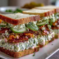 Classic Kentucky Derby Tea Sandwich Trio with cucumber, egg salad, and ham on fresh bread, arranged on a white platter.