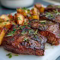 Crispy golden potatoes and juicy steak bites sizzle in rich garlic butter for a savory main dish.