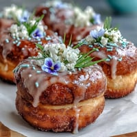 Baby in Bloom Mini Donut Tower with Flowers: A whimsical tower of glazed mini donuts topped with fresh edible flowers and mint leaves, perfect for baby showers or spring celebrations.