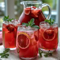 Vibrant pink lemonade party punch with fresh citrus slices and mint, perfect for spring gatherings.