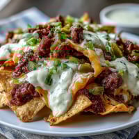 A hearty platter of Loaded Baseball Nachos with Jalapeños and Cheese Sauce, piled high with seasoned beef and melty cheese.