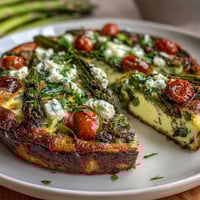 Healthy Easy Spring Veggie Frittata with asparagus, spinach, and feta cheese, baked until golden and served warm.
