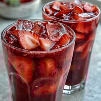 Vibrant pink drink with fresh strawberry slices and creamy coconut milk, perfect for a refreshing summer treat.