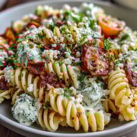 Vibrant elote pasta salad with cotija cheese, chili, and lime, served in a white bowl with lime wedges and chili flakes.