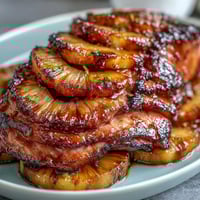 Golden honey glazed ham studded with pineapple rings and cherries, perfect for festive Easter gatherings.
