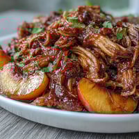 Juicy pulled pork in crockpot with honey peach BBQ sauce and fresh peach slices.