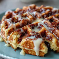 Fluffy cinnamon roll waffles with a sweet brown sugar swirl, topped with rich vanilla cream cheese glaze for a decadent breakfast treat.