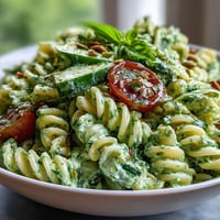 Green Goddess Pasta Salad with creamy avocado-basil dressing, colorful vegetables, and fresh herbs in a vibrant bowl.