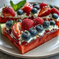 Festive 4th of July Watermelon Pizza topped with berries and whipped cream.