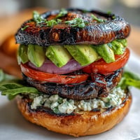 Juicy grilled portobello mushroom burgers piled high with fresh avocado and crispy lettuce.